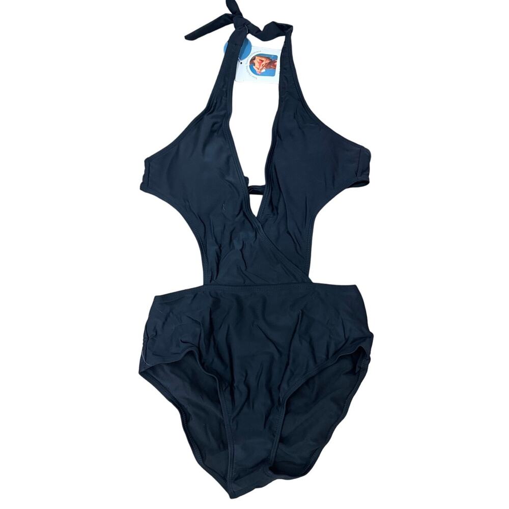 NWT HolaDream One Piece Swimsuit Black V-Neck Push Up Crosscross Medium